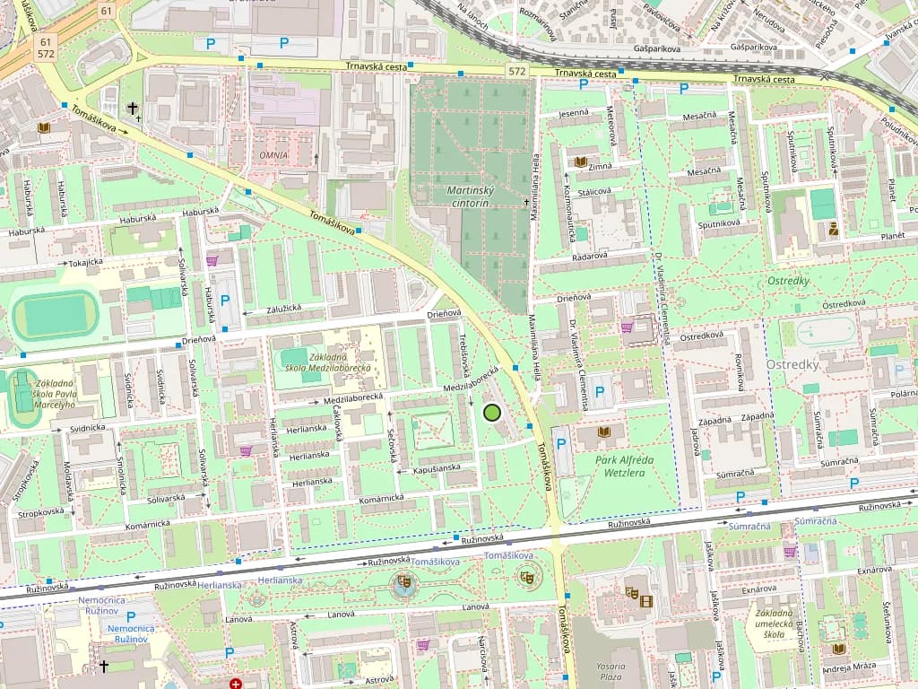 Karte der Umgebung des Büros in der Tomášikova-Straße in Bratislava mit Standortmarkierung.